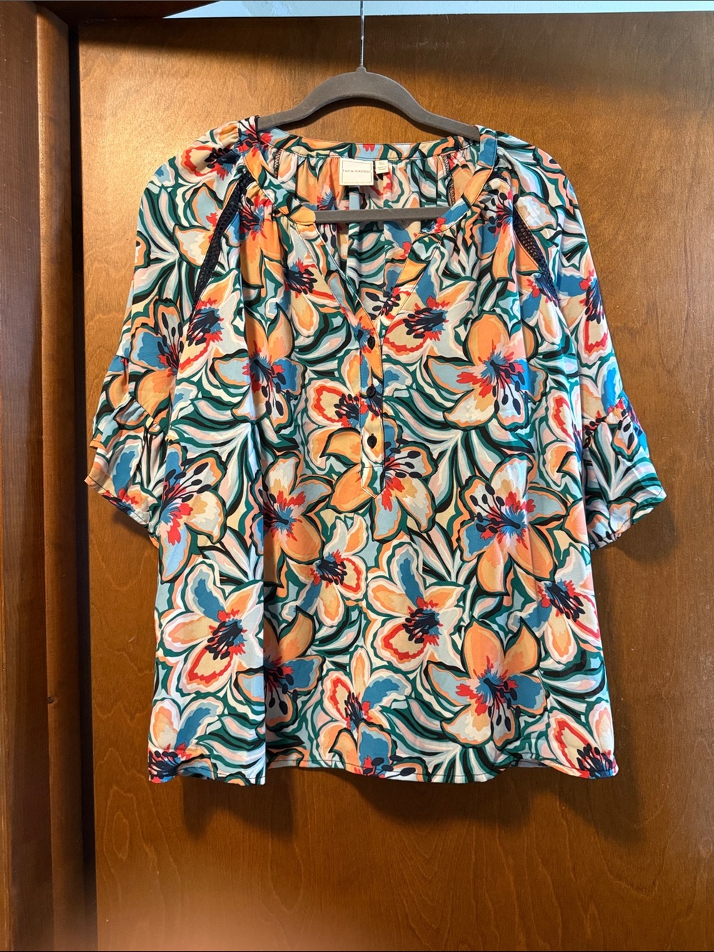 Zac & Rachel Peach and Teal Floral Button-Front Peasant Blouse